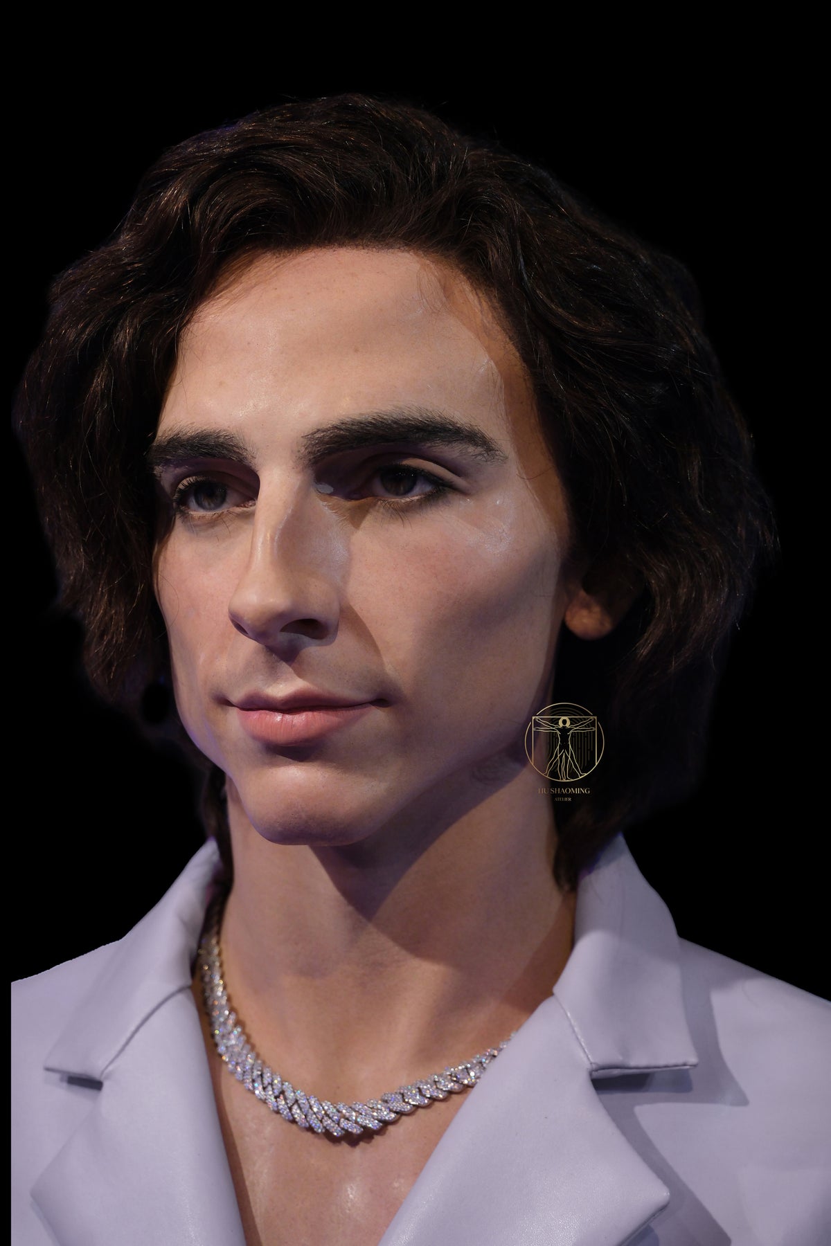 Custom silicone bust of celebrity Timothée Chalamet with detailed necklace by Hu Shaoming Atelier