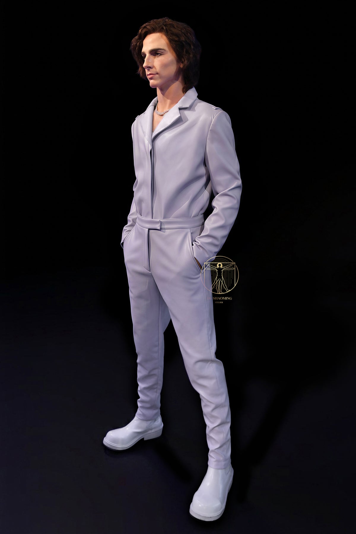 Full body life-size Timothée Chalamet custom wax-style statue in a modern white suit