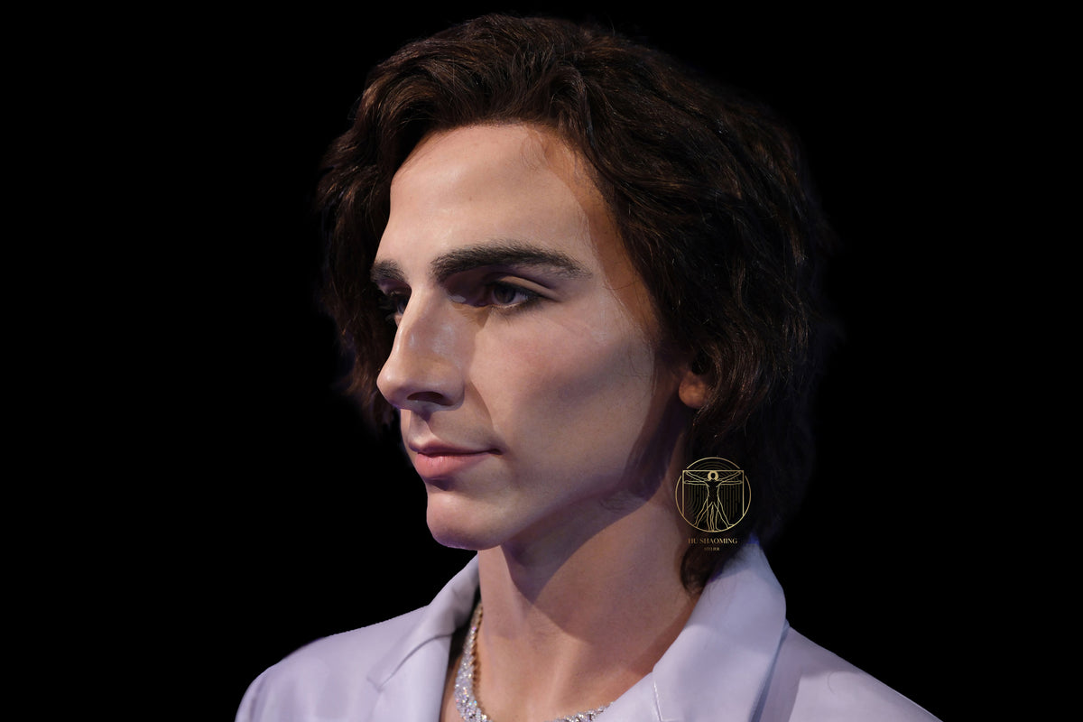 Life-size Timothée Chalamet hyperrealistic silicone sculpture side profile by Hu Shaoming
