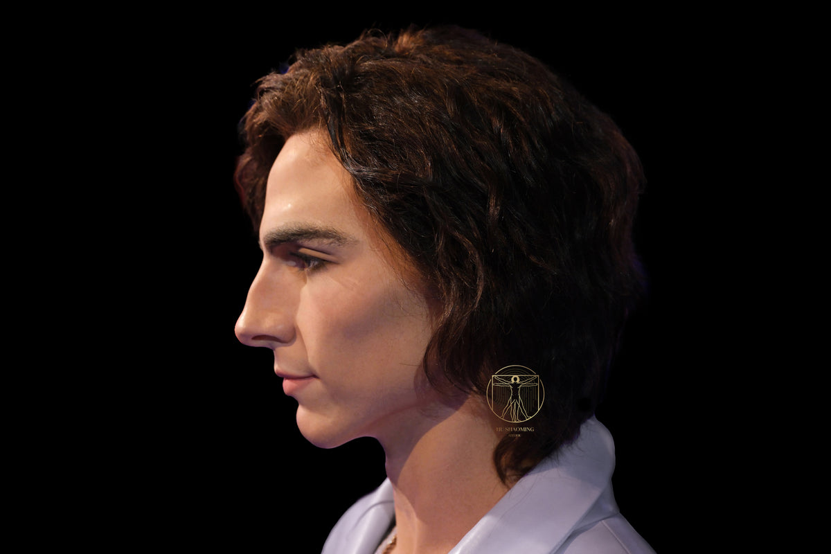 Perfect side profile of Timothée Chalamet hyperrealistic silicone sculpture showing jawline