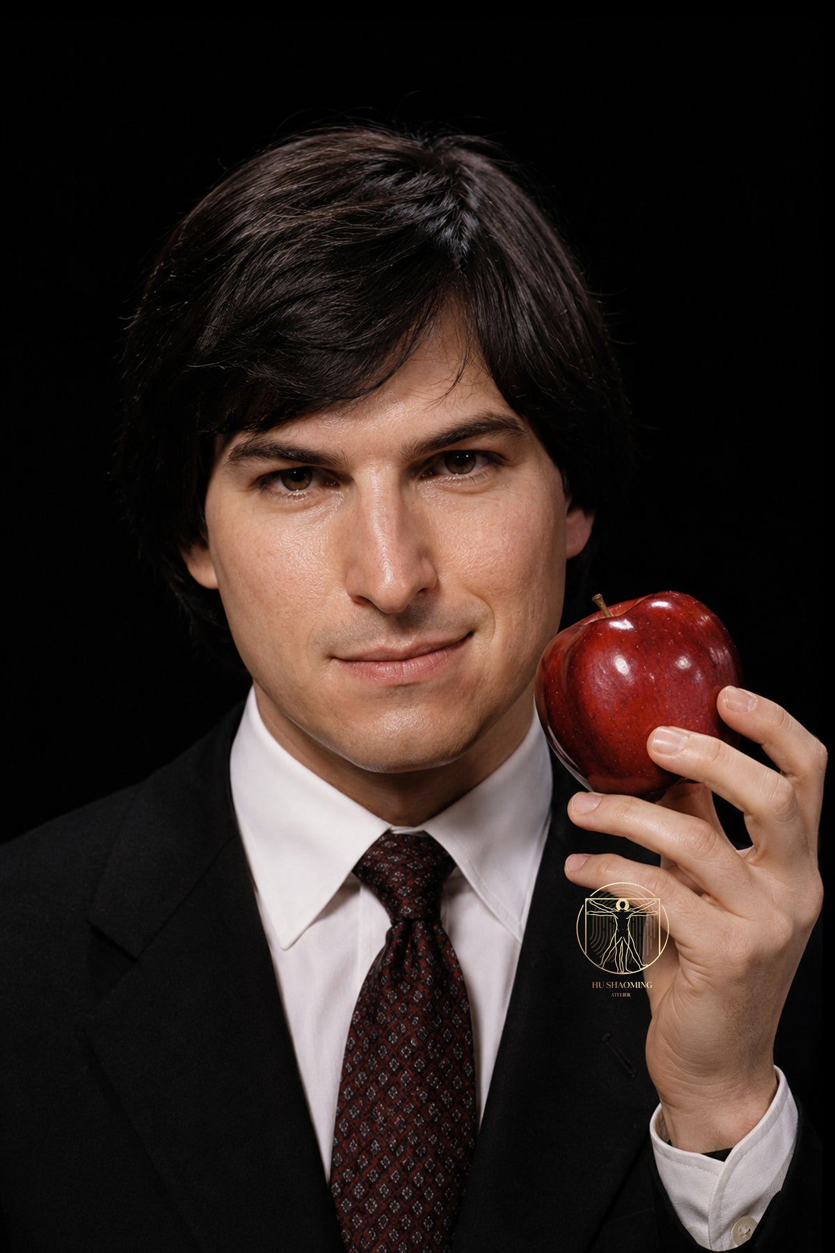 Hyperrealistic silicone portrait of young Steve Jobs in the 1980s holding the iconic red apple