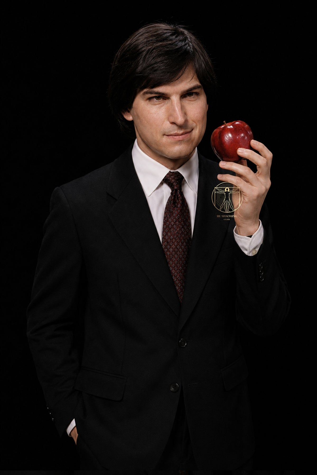 Detailed close-up of young Steve Jobs silicone head sculpt with manual hair implantation